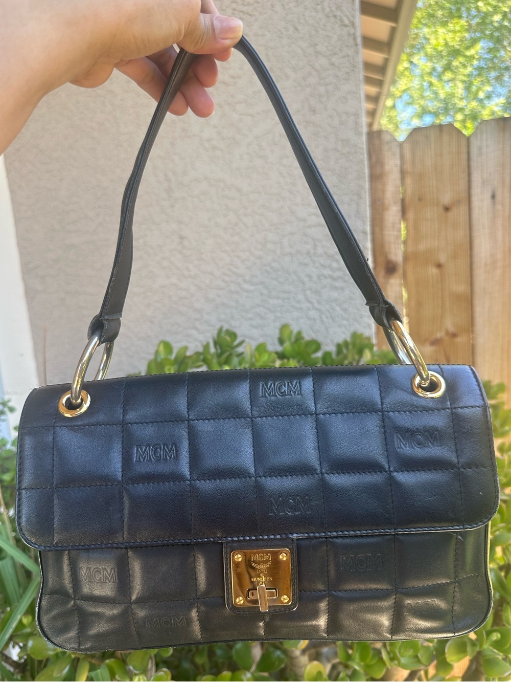 MCM Black Quilted Logo Leather Shoulder Bag with Gold Hardware